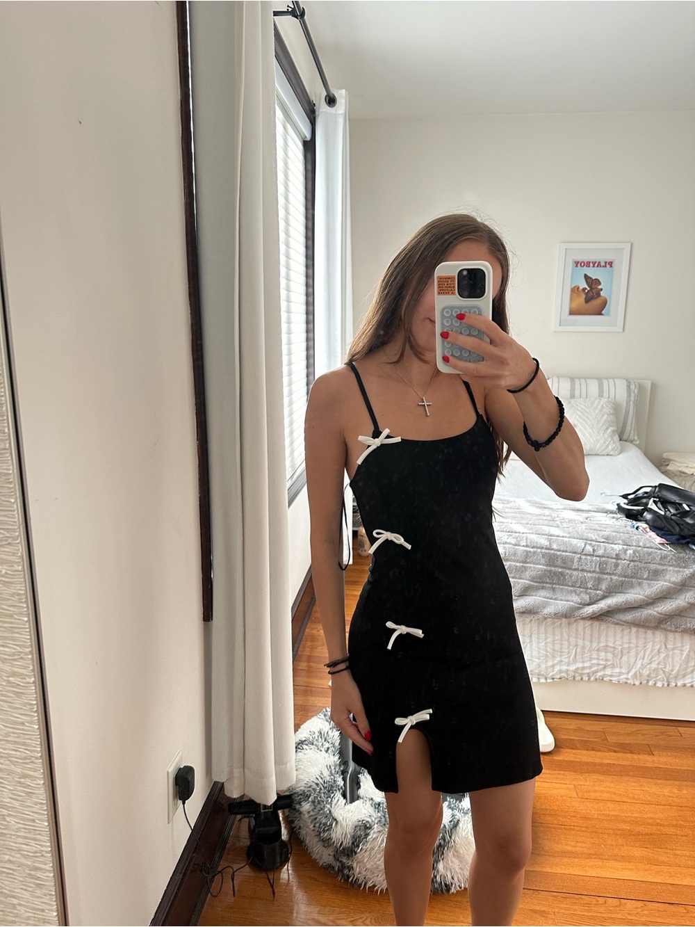 Black Mini Dress with White Bow Accents